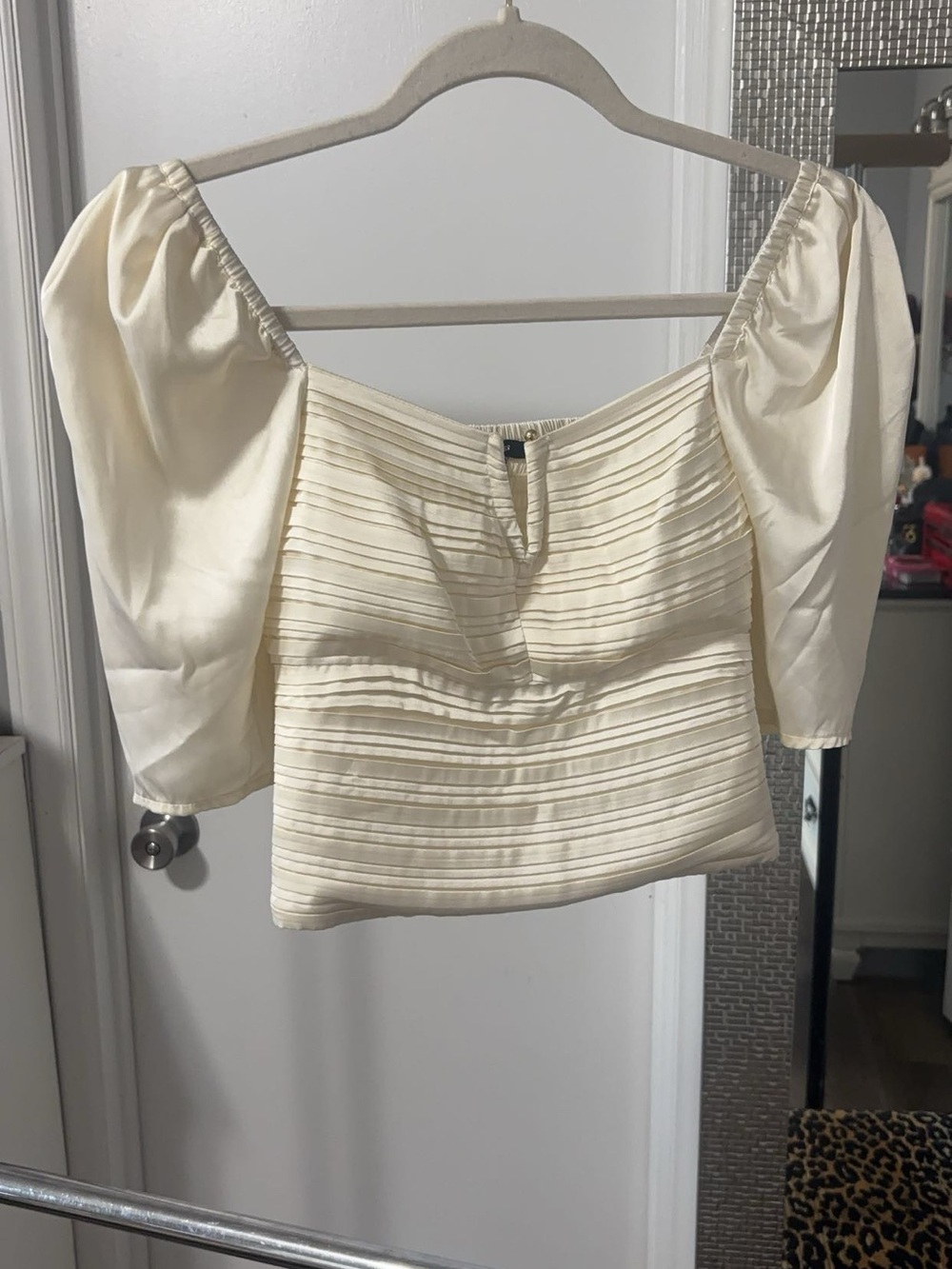 Express Cream Puff-Sleeve Satin Pintuck Top